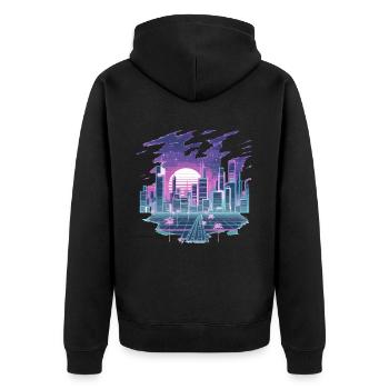Retro Futuristische Stadtlandschaft im Neon-Look - Unisex Premium Bio Zip Hoodie - Schwarz - Hinten - Nico (187cm)