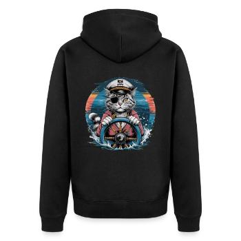 Captain Cat with Pirate Hat at the Wheel in - Unisex Premium Organic Zip Hoodie - black - Back - Nico (187cm)