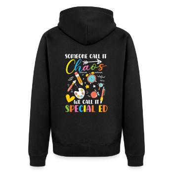 Somebody call it chaos, we call it - Unisex Premium Organic Zip Hoodie - black - Back - Nico (187cm)