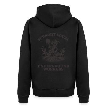Support Local Underground Workers Lustiges Ant - Unisex Premium Organic Zip Hoodie - black - Back - Nico (187cm)