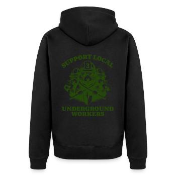 Support Local Underground Workers Lustiges Mole - Unisex Premium Bio Zip Hoodie - Schwarz - Hinten - Nico (187cm)