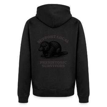 Support Local Prehistoric Survivors Platypus - Unisex Premium Bio Zip Hoodie - Schwarz - Hinten - Nico (187cm)