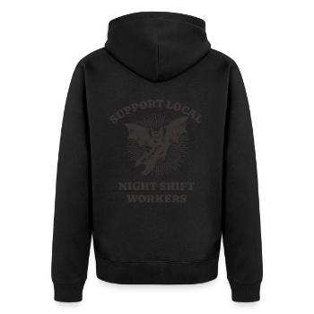 Support Local Night Shift Workers Lustiges Bat - Unisex Premium Bio Zip Hoodie - Schwarz - Hinten - Nico (187cm)