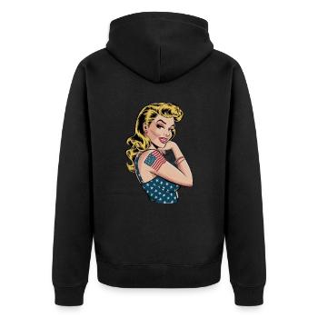 Vintage Americana Pin-Up mit Flaggenmotiv und - Unisex Premium Bio Zip Hoodie - Schwarz - Hinten - Nico (187cm)
