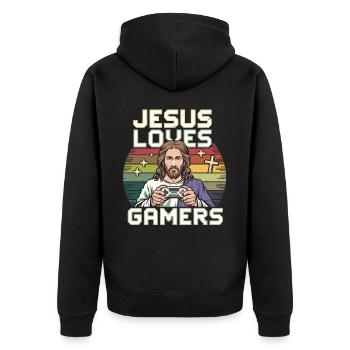 Jesus Liebt Gamer Bunte Retro Kunst Mit - Unisex Premium Bio Zip Hoodie - Schwarz - Hinten - Nico (187cm)