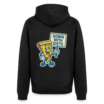 retro cartoon pizza protest: "Down with diets" - Unisex Premium Organic Zip Hoodie - black - Back - Nico (187cm)