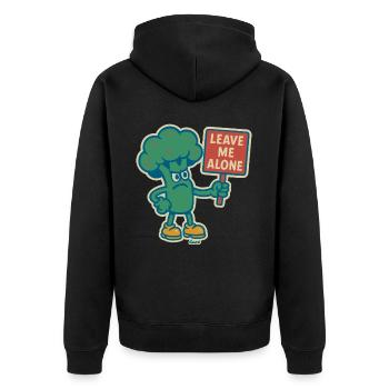 Wütender Brokkoli mit Schild: Lass mich in Ruhe - Unisex Premium Bio Zip Hoodie - Schwarz - Hinten - Nico (187cm)