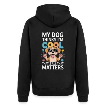 Mein Hund findet mich cool Spruch - Unisex Premium Bio Zip Hoodie - Schwarz - Hinten - Nico (187cm)