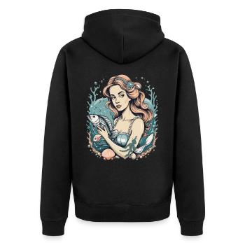 Fantasievolle Meerjungfrau mit Fisch – Vintage - Unisex Premium Bio Zip Hoodie - Schwarz - Hinten - Nico (187cm)