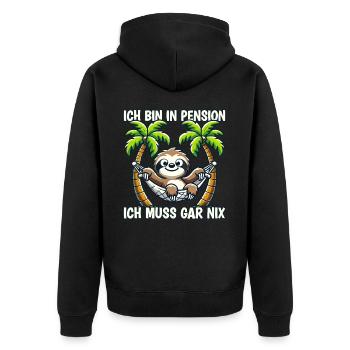 Pension Pensionierung Mann Frau Ich bin in Pension - Unisex Premium Bio Zip Hoodie - Schwarz - Hinten - Nico (187cm)