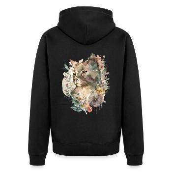 Katze Blumen Aquarell Zeichnung Kunst Bunt Floral - Unisex Premium Bio Zip Hoodie - Schwarz - Hinten - Nico (187cm)