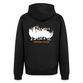 Chicken Coup - Weiße Hühner auf Schwarz - Unisex Premium Bio Zip Hoodie - Schwarz - Hinten - Nico (187cm)