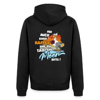 Möwe mit Kaffee und Taxi zum Meer, Moewe - Unisex Premium Bio Zip Hoodie - Schwarz - Hinten - Nico (187cm)