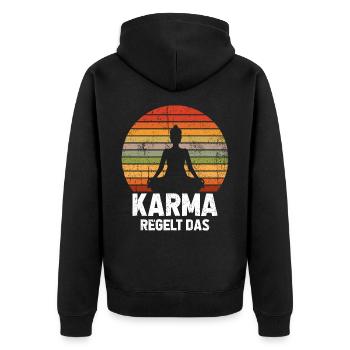 KARMA REGELT DAS - Unisex Premium Bio Zip Hoodie - Schwarz - Hinten - Nico (187cm)