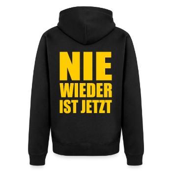 Never again is now - Unisex Premium Organic Zip Hoodie - black - Back - Nico (187cm)
