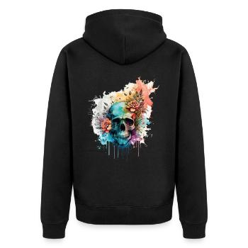 Totenkopf Totenschädel Rosen Blumen Aquarell Kunst - Unisex Premium Bio Zip Hoodie - Schwarz - Hinten - Nico (187cm)