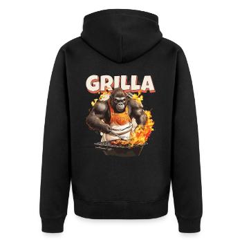 Grillen Grilla Griller Gorilla BBQ Spruch Lustig - Unisex Premium Bio Zip Hoodie - Schwarz - Hinten - Nico (187cm)