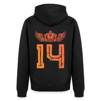 14 Zahl Krone - Unisex Premium Bio Zip Hoodie - Schwarz - Hinten - Nico (187cm)