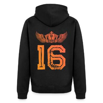 16 Zahl Krone - Unisex Premium Bio Zip Hoodie - Schwarz - Hinten - Nico (187cm)