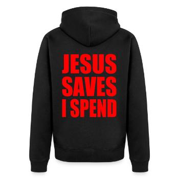 jesus saves i spend - Veste à capuche bio Premium Unisexe - noir - Dos - Nico (187cm)