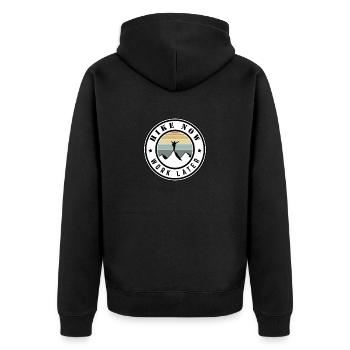 Hike now work later - Unisex Premium Bio Zip Hoodie - Schwarz - Hinten - Nico (187cm)