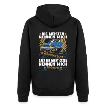 Kfz Mechatroniker Papa Vater Auto Schrauber - Unisex Premium Bio Zip Hoodie - Schwarz - Hinten - Nico (187cm)
