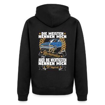 Kfz Mechatroniker Papa Vater Auto Schrauber - Unisex Premium Bio Zip Hoodie - Schwarz - Hinten - Nico (187cm)