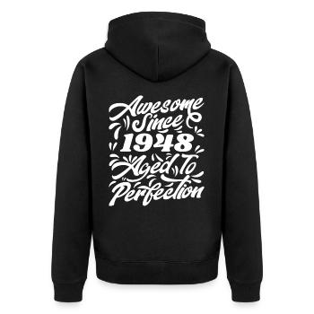 Fantastisch seit 1948 - Bis zur Perfektion gealtert, Geschenk 1948 - Unisex Premium Bio Zip Hoodie - Schwarz - Hinten - Nico (187cm)