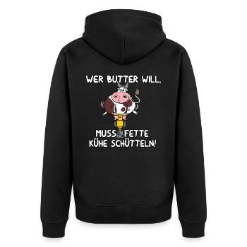 Wer Butter will - Unisex Premium Bio Zip Hoodie - Schwarz - Hinten - Nico (187cm)