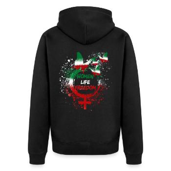 woman life freedom, schmetterlinge,iran,flagge - Unisex Premium Bio Zip Hoodie - Schwarz - Hinten - Nico (187cm)