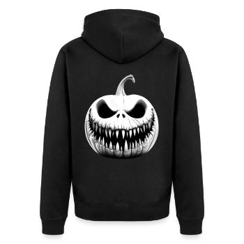 HAPPY HALLOWEEN MOTIV MIT HORROR KÜRBIS - Unisex Premium Bio Zip Hoodie - Schwarz - Hinten - Nico (187cm)