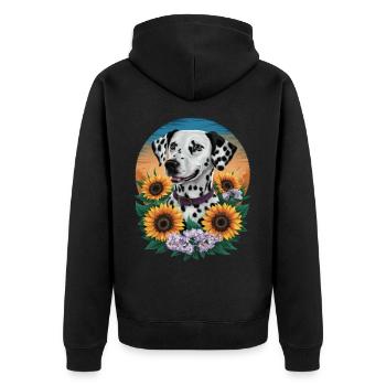 Cute Dalmatian with sunflowers and lilacs - Unisex Premium Organic Zip Hoodie - black - Back - Nico (187cm)