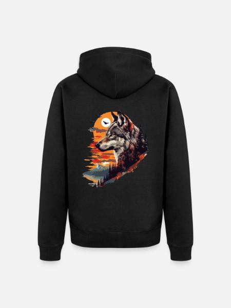 Wolf Wolfskopf Wald Natur Berge Wildnis Sonne - Unisex Premium Bio Zip Hoodie - Schwarz