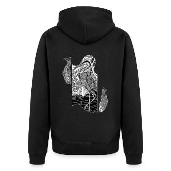 Angeln am See, Reiher im Schilf mit Fischen - Unisex Premium Bio Zip Hoodie - Schwarz - Hinten - Nico (187cm)
