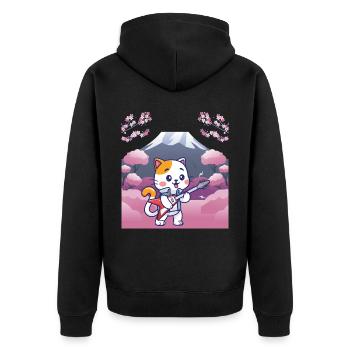 Japanisches Design, Katze die Gitarre spiel - Unisex Premium Bio Zip Hoodie - Schwarz - Hinten - Nico (187cm)