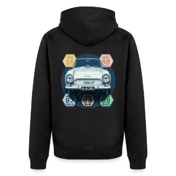 Vignettes automobiles années 70 - Veste à capuche bio Premium Unisexe - noir - Dos - Nico (187cm)