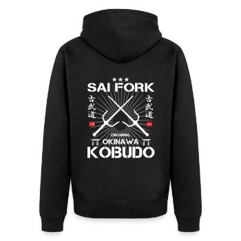 Sai Gabel Kobudo Okinawa Design - Unisex Premium Bio Zip Hoodie - Schwarz - Hinten - Nico (187cm)