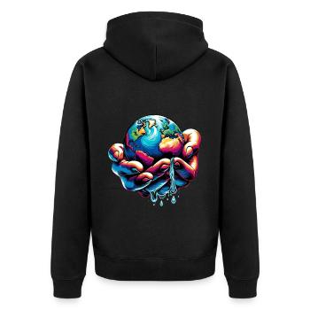 Hand & Earth Design/ Motif: Environmental Protection - Unisex Premium Organic Zip Hoodie - black - Back - Nico (187cm)