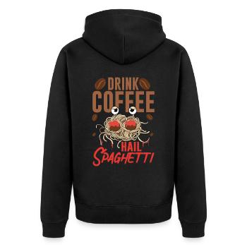 Fliegendes Spaghettimonster FSM - Unisex Premium Bio Zip Hoodie - Schwarz - Hinten - Nico (187cm)
