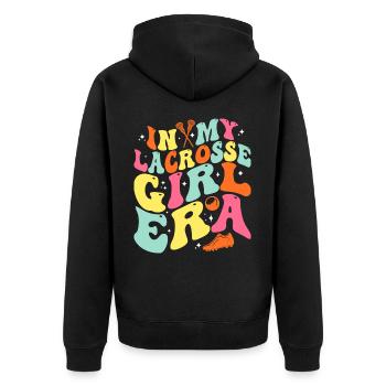 In My Lacrosse Girl Era Retro Spieltag Groovy - Unisex Premium Bio Zip Hoodie - Schwarz - Hinten - Nico (187cm)