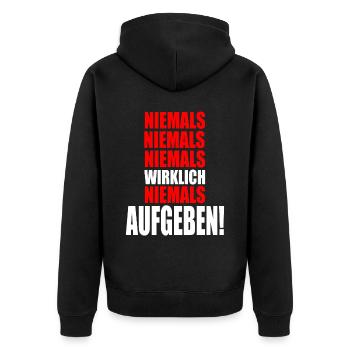 Motivation niemals Aufgeben - Unisex Premium Bio Zip Hoodie - Schwarz - Hinten - Nico (187cm)