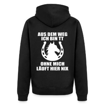 Tuniertrottel ich mach hier alles Pferd Rappe - Unisex Premium Bio Zip Hoodie - Schwarz - Hinten - Nico (187cm)