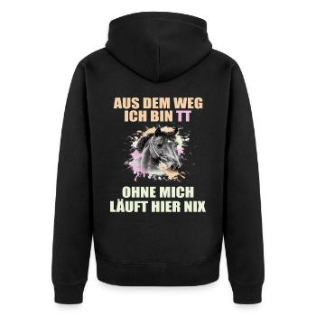 Tuniertrottel ich mach hier alles Pferd Rappe - Unisex Premium Bio Zip Hoodie - Schwarz - Hinten - Nico (187cm)