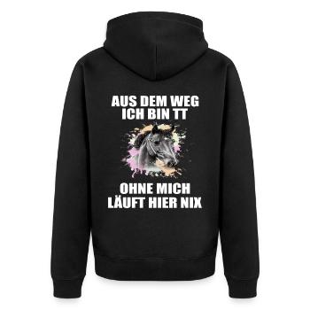 Tuniertrottel ich mach hier alles Pferd Rappe - Unisex Premium Bio Zip Hoodie - Schwarz - Hinten - Nico (187cm)