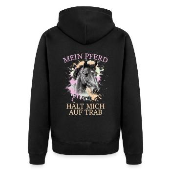 Mein Pferd hält mich auf Trab - Unisex Premium Bio Zip Hoodie - Schwarz - Hinten - Nico (187cm)