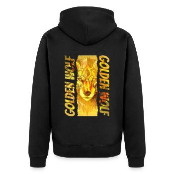 Wolf Wolfskopf Gold Mystisch Natur Wildnis Kunst - Unisex Premium Bio Zip Hoodie - Schwarz - Hinten - Nico (187cm)