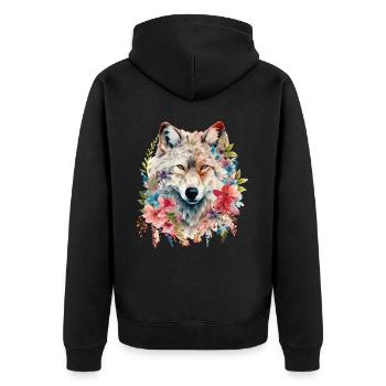 Wolf Wolfskopf Blumen Natur Wildnis Aquarell Kunst - Unisex Premium Bio Zip Hoodie - Schwarz - Hinten - Nico (187cm)