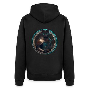 schwarze Ritter Katze mit Rüstung und Schwert - Unisex Premium Bio Zip Hoodie - Schwarz - Hinten - Nico (187cm)