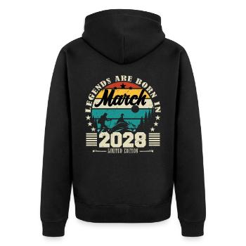 März 2028. Geburtstagsgeschenk März 2028. - Unisex Premium Bio Zip Hoodie - Schwarz - Hinten - Nico (187cm)