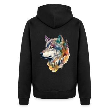 Wolf Wolfskopf Natur Wildnis Wald Bäume Kunst - Unisex Premium Bio Zip Hoodie - Schwarz - Hinten - Nico (187cm)